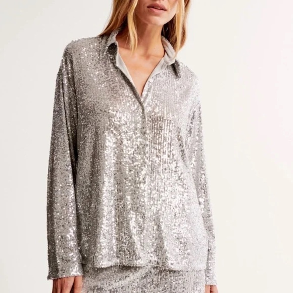 Abercrombie & Fitch Silver Sequin Button Down Shirt